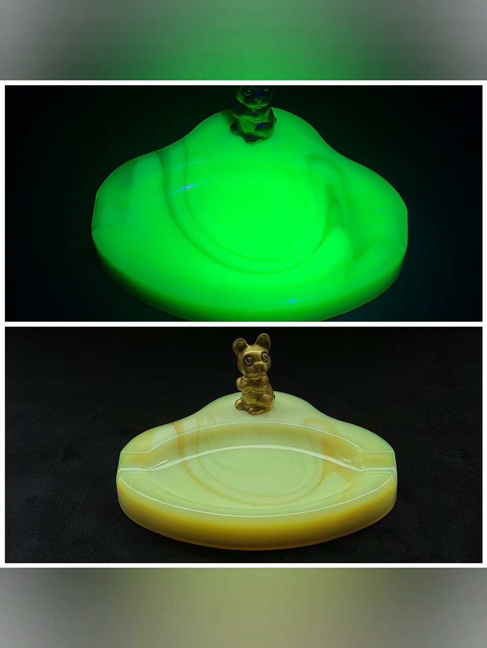 Uranium Slag Glass Brass Puppy Vintage Ashtray